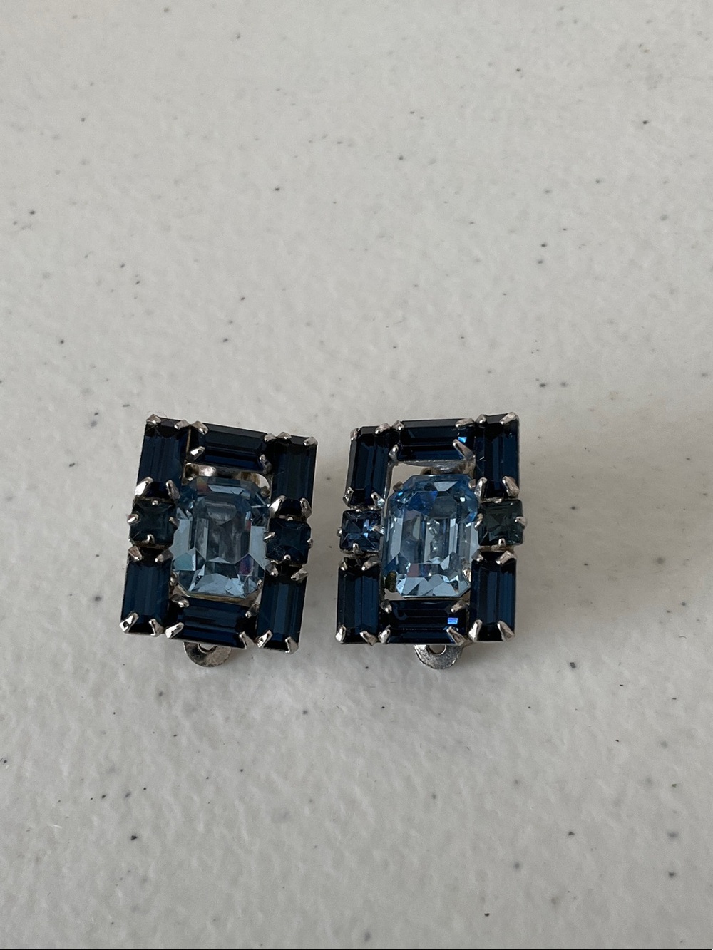 Vintage Silver Tone Blue Crystal Rectangular Clip-On Earrings